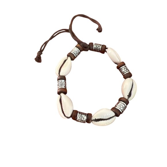 Vintage Cowrie Shell Bracelet Wood Silver Tone Drawstring Adj Beach Estate - Picture 1 of 4